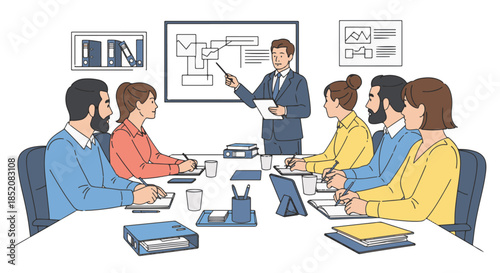Business team meeting illustration with a presenter showing a graph on a whiteboard