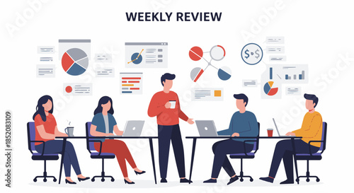 Business team meeting around a table with various charts and graphs for weekly review