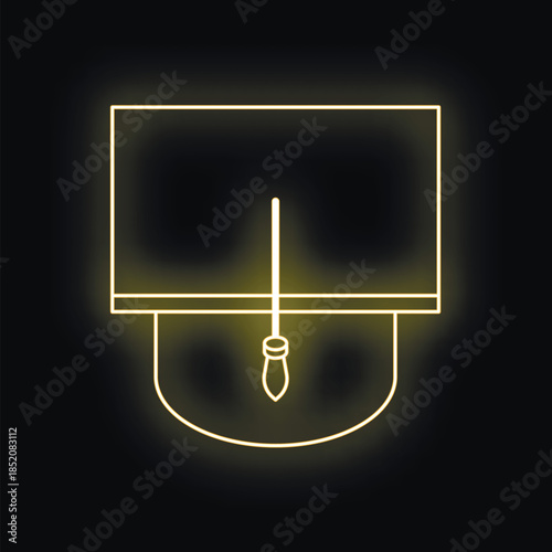 Glowing neon yellow british guardsman hat with tassel, isolated on black background