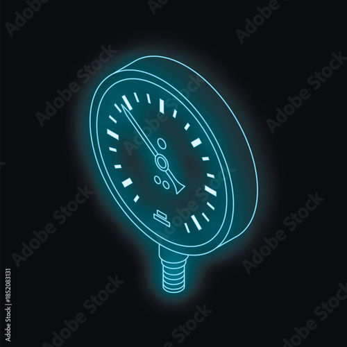 Glowing blue pressure gauge indicating increasing pressure, on a dark background