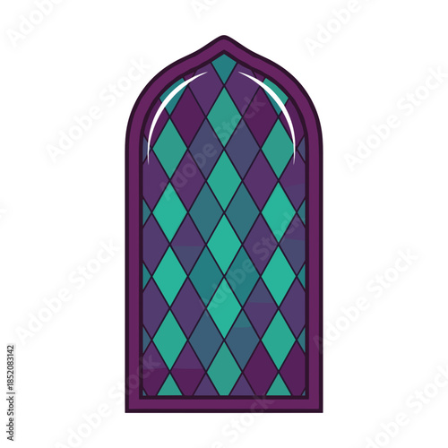 Harlequin pattern window design in duotone colors of teal and purple  