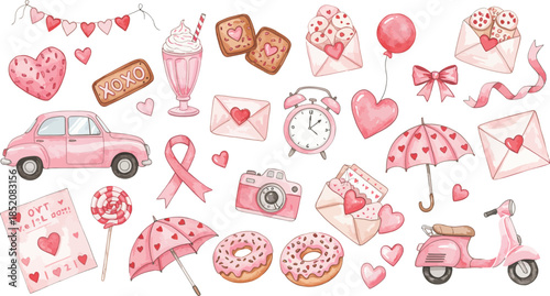 Valentine s day sweet treats and symbols in pink hues on white