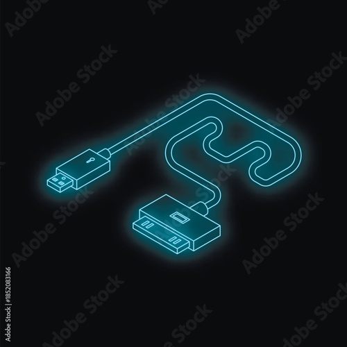 Neon blue usb cable connecting to a 30 pin dock connector, representing data transfer or charging