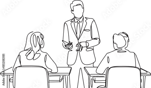 A simple, outline illustration depicting a teacher (or speaker) presenting to two seated students, used for educational materials or school-related icons.