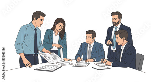 Business team meeting around a table discussing ideas and reviewing documents together