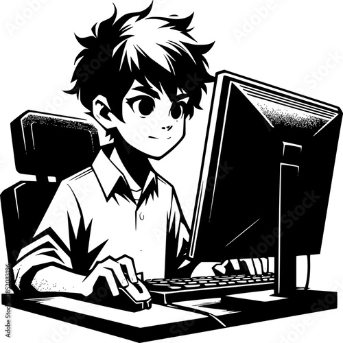 Digital Interaction: A young individual is absorbed in the digital realm, skillfully navigating the interface of a desktop computer and finding engagement and productivity.