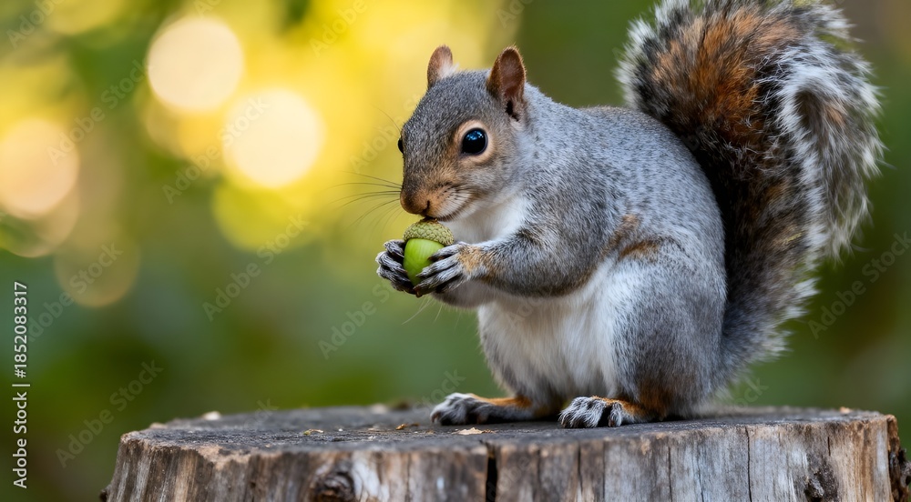 Obraz premium Grey squirrel eating green acorn on a tree stump in autumn, UK.