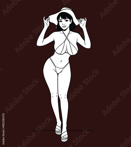 Sexy woman wearing a bikini and a large sun hat walking forward black and white illustration