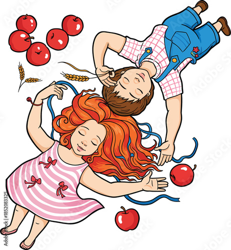 Cute boy and girl lying on the grass surrounded by red apples top view illustration