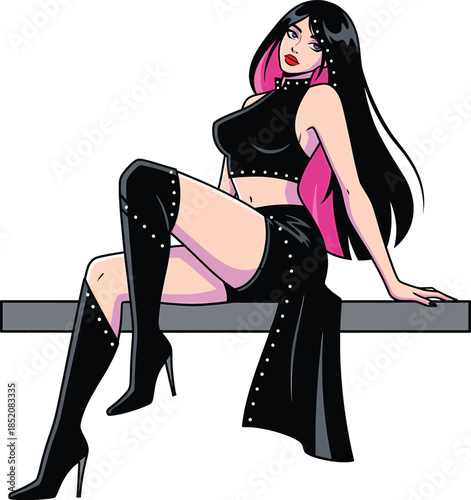 Sexy woman with black hair and pink highlights wearing a gothic leather outfit sitting