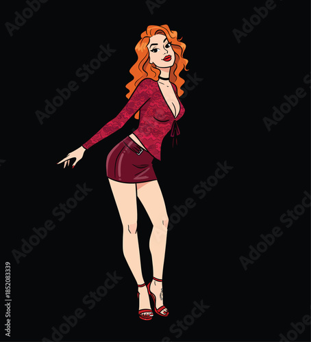 Sexy redhead woman with curly hair wearing a red top and leather mini skirt posing