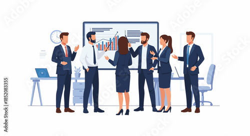 Business team in suits discussing a presentation on a whiteboard during a meeting in the office