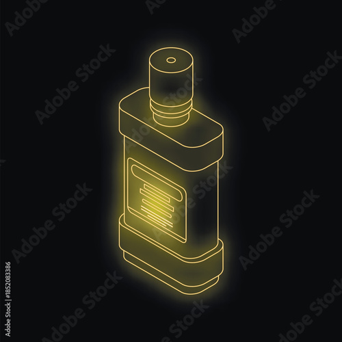 Isometric view of a mouthwash bottle glowing on a black background