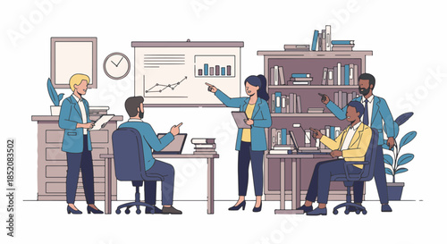 Business team in a meeting with a presentation, discussing strategies and ideas together