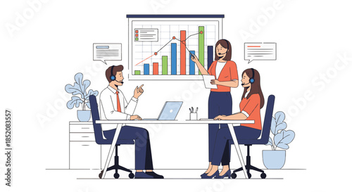 Business team in a meeting discussing sales data and strategies in an office environment