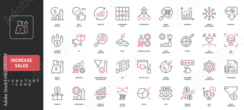 Increase sales, money management, profit growth and business analysis, automation line icon set. Quota, conversion rate optimization, revenue thin black and red outline symbols vector illustration