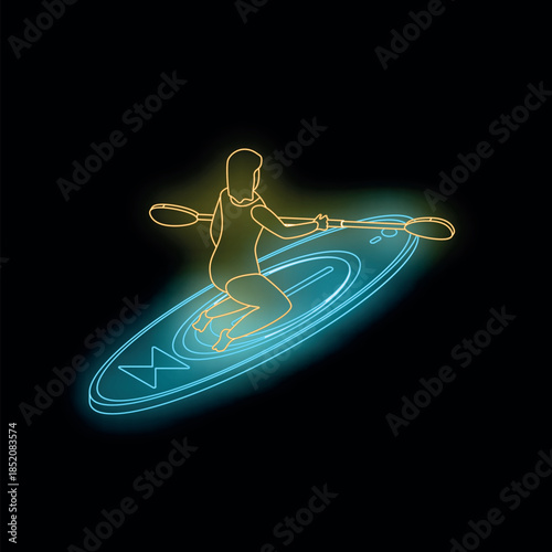 Neon sign of a woman practicing stand up paddle boarding, paddling on a sup board