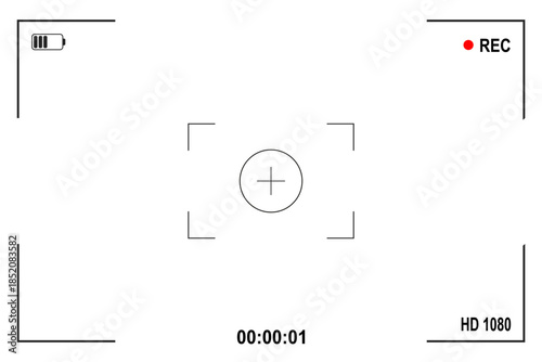 Photo and video camera viewfinder display screen frame, camera interface overlay shows information indicators, zoom exposure, camcorder shutter snapshot, frame and picture from surveillance or film