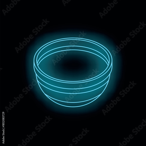 Glowing neon blue bowl on dark background, embodying modern kitchenware and culinary trends