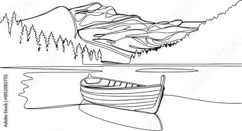 A simple, outline-style graphic symbolizing activities like fishing, camping, or hiking, as it features key elements of a wilderness environment (water, mountains, boat).