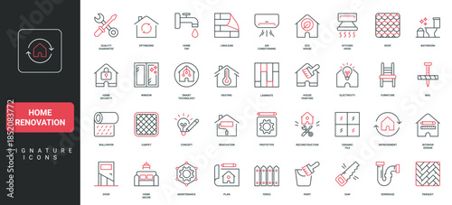 Home renovation, maintenance and repair, house reconstruction plan line icon set. Interior design improvement, quality guarantee, diy tools thin black and red outline symbols vector illustration