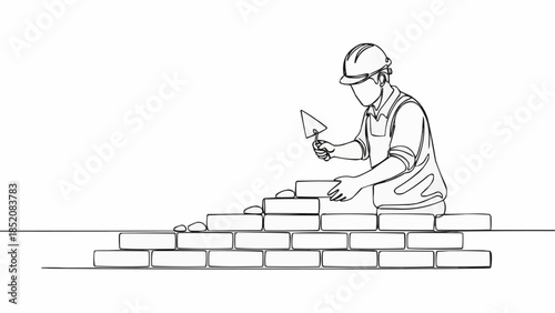 Bricklayer working on a construction site with trowel and bricks.