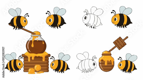 Cute Cartoon Bees and Honey Collection.
