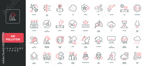 Air pollution, dust and bacteria, toxic acid rain and smog, exhaust pollute atmosphere line icon set. Industrial CO2 emissions danger and control thin black and red outline symbols vector illustration