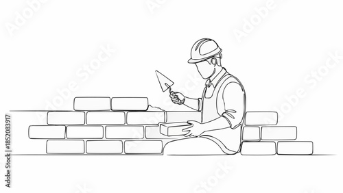 Construction worker building a brick wall with trowel and bricks.
