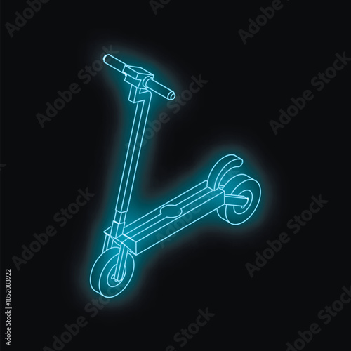 Neon blue glowing electric scooter isolated on black background