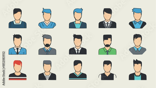 Collection of diverse male avatars in flat design style.