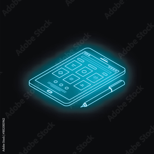 Neon blue glowing tablet with stylus showcasing a modern user interface, perfect for technology and innovation concepts
