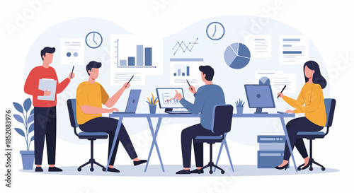 Business team discussing data analysis and charts in a modern office environment illustration