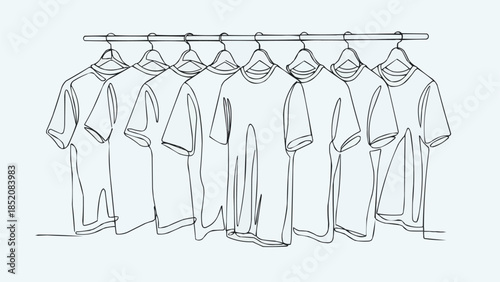 Minimalist Line Art Drawing of Multiple T-Shirts Hanging on a Clothes Rack.