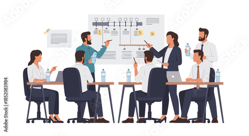 Business team discussing a project around a table with a presentation on a whiteboard