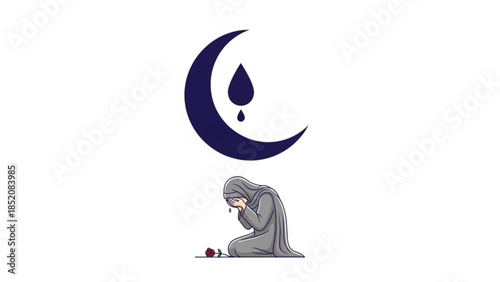 A woman in a hijab kneels in prayer under a crescent moon with a drop, symbolizing ramadan or islamic faith on a