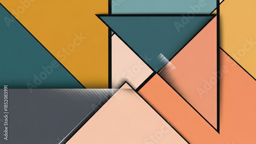 Vibrant geometric composition featuring overlapping triangles in shades of orange, teal, and yellow on a multicolored background