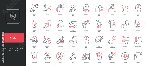 Respiratory diseases and virus infection, cold and flu symptoms of sick man line icon set. Asthma and runny nose, nasal congestion, cough thin black and red outline symbols vector illustration