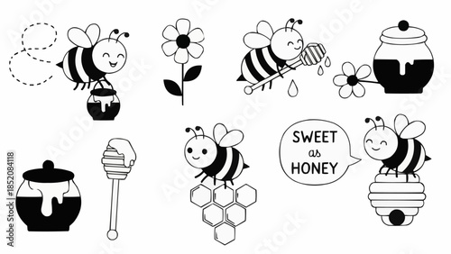 Cute Cartoon Bees and Honey Elements Collection.