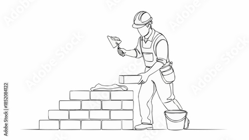 Construction worker building a brick wall with trowel and bricks.