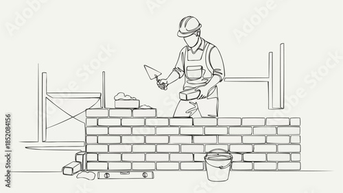 Skilled bricklayer constructing a wall with precision and care.