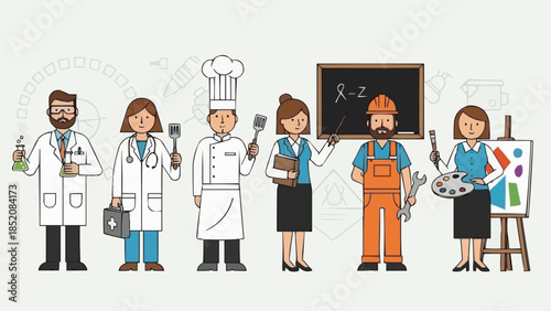 Diverse group of professionals representing various careers and occupations.