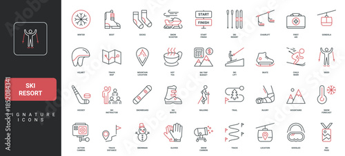 Ski resort in winter season, trail and track location, instructor, trip budget line icon set. Mountains and snow forecast, snowmobile and cannons thin black and red outline symbols vector illustration