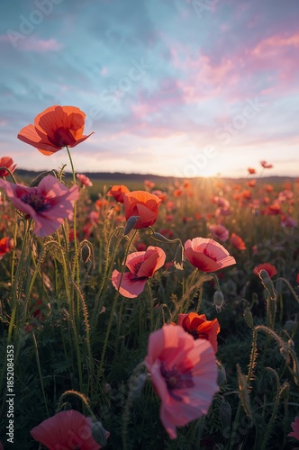 Vibrant Field of Poppies at Sunset With Colorful Flowers and a Vast Landscape