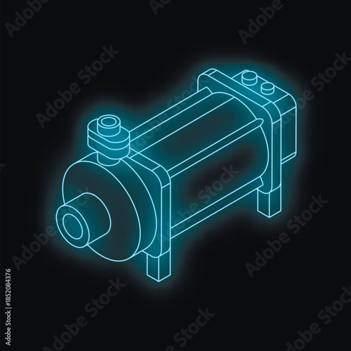 Neon blue hydraulic cylinder glowing on a black background, symbolizing industrial automation and manufacturing processes