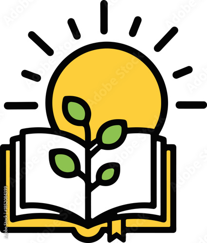Modern Educational Growth Icon Book, Plant, and Sun Symbolizing Knowledge and Development
