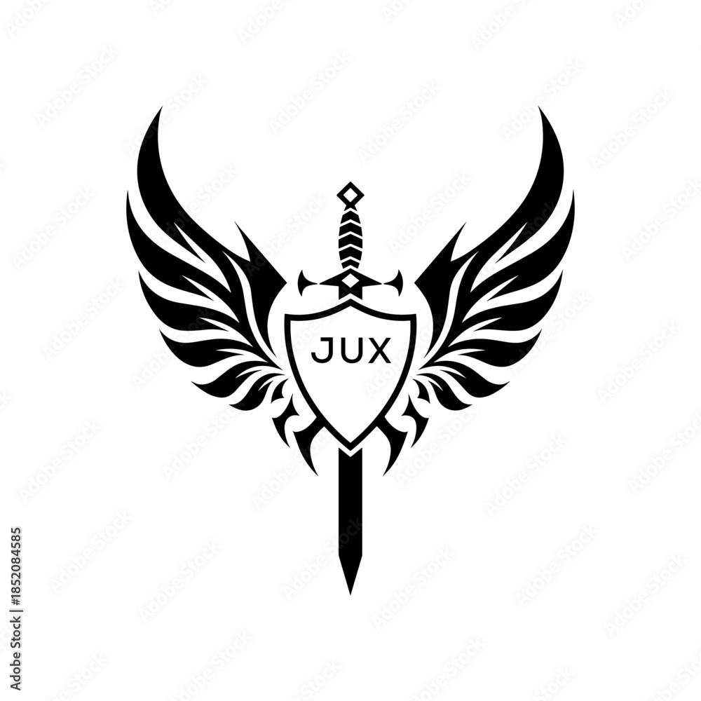 Obraz premium Winged Sword and Shield Logo with Letters, Heraldic Emblem, Black and White Vector Design, JUX Later Logo, 