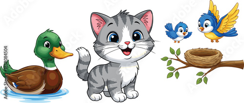 Cute Cartoon Animals Set with Duck Cat and Birds Nest Scene, Colorful Flat Vector Illustration for Kids Education, Nursery Decor, and Children Design Projects