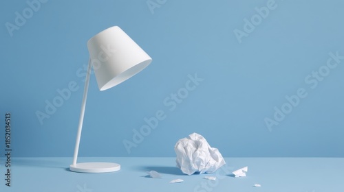 A white desk lamp illuminates crumpled discarded papers on a blue surface,