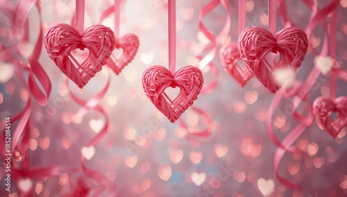 Hanging Pink Hearts and Ribbons Create a Festive Atmosphere for Decoration an...